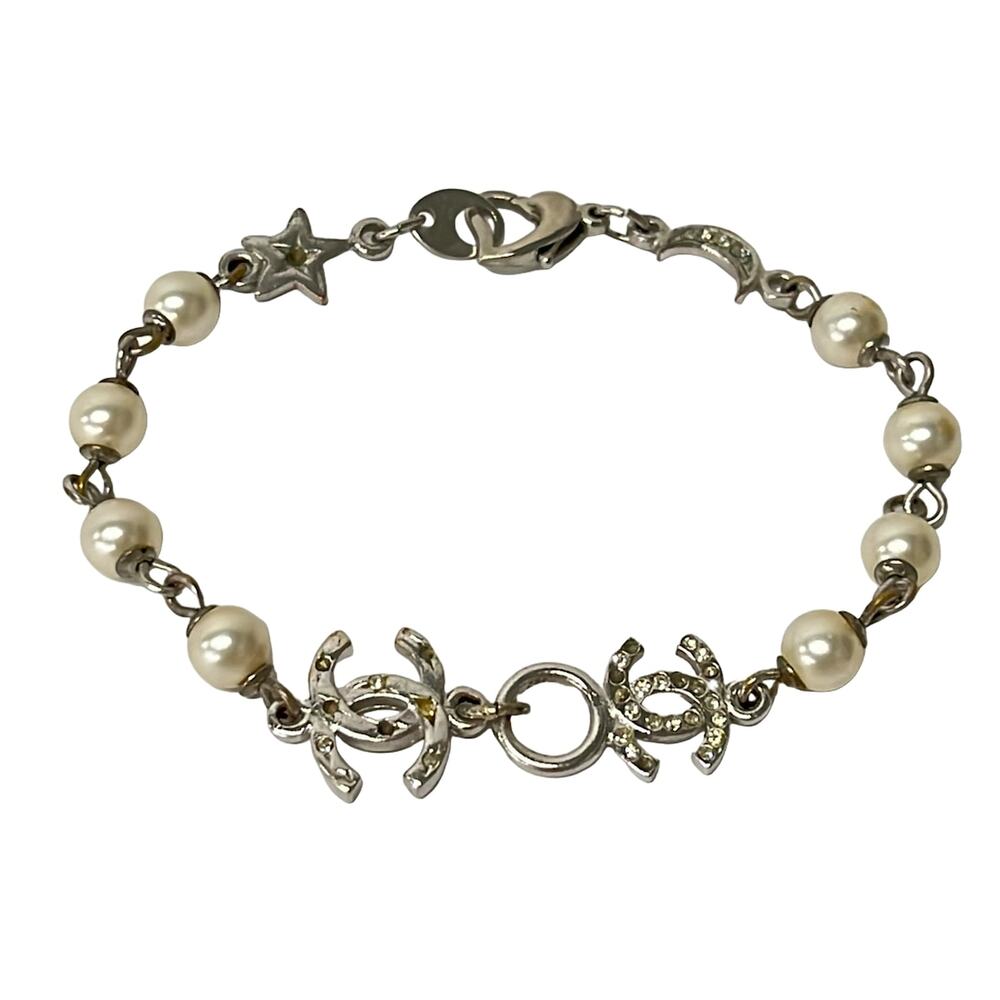 Chanel Bracelet Silver Cream Hardware Faux Pearl Rhinestones
